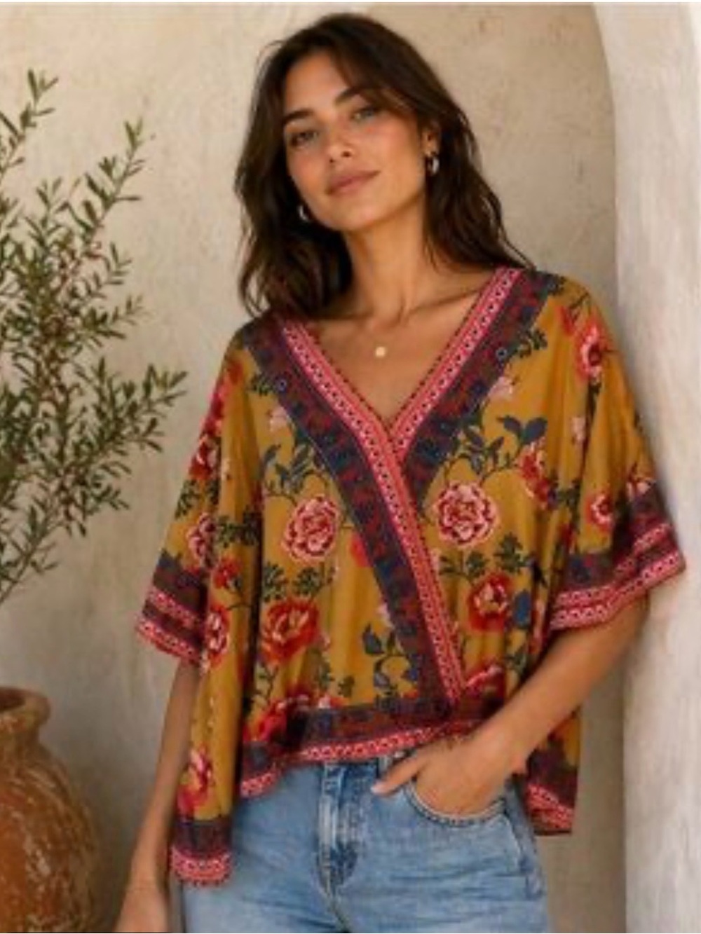 Umgee Mustard Floral Bohemian V-Neck Wrap Tunic with Pink & Red Accents, Size 2X